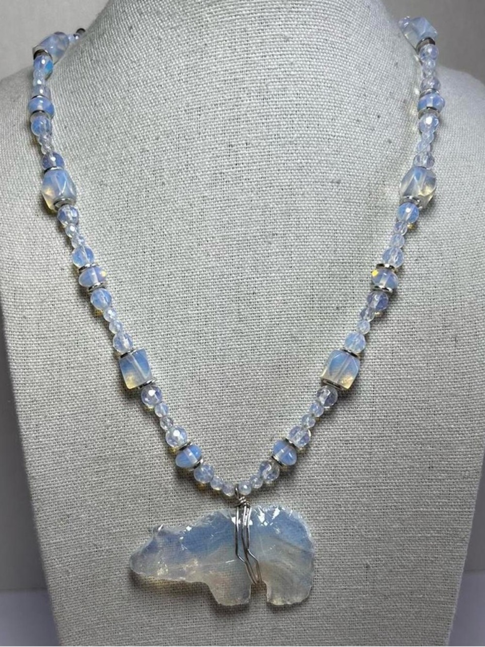 Opalescent White Moonstone Bear Pendant Necklace
